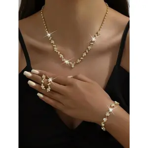 4pcs/Set Gold-Color Minimalist Delicate Claw Chain Necklace Earrings Bracelet Set, Fashion Accessories For Prom Or Party