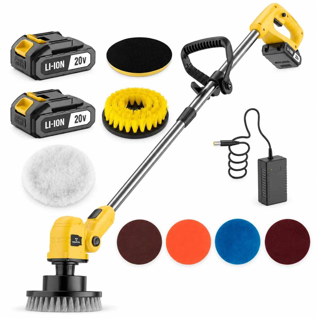 20V Cordless Electric Spin Scrubber with 20V Power, Battery & Charger, Long Handle, Auxiliary Grip, Brush & Cleaning Pads for Bathroom, Kitchen Tile Cleaning