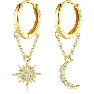 ZELORES Women's 16MM Gold-Plated Huggie Hoop Earrings Set, Hypoallergenic Earrings with Silver Chain, Moon Star Dangle Drop for Daily Wear, Gold Earrings Set