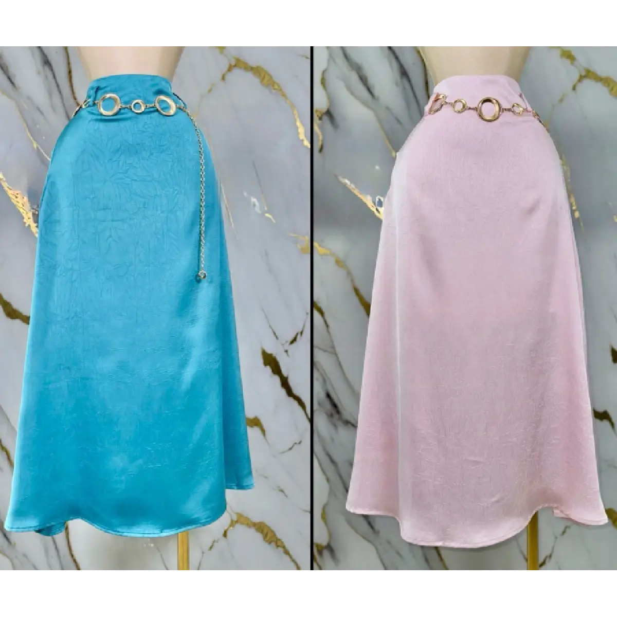 Satin Midi Skirt with Gold Chain Detail – Elegant High-Waist Skirt