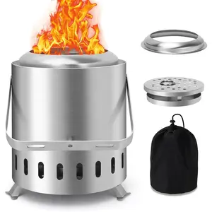 Tabletop Fire Pit with Handle, Smokeless, Stainless Steel Fire Pit with Stand for Camping Backyard Patio, Portable Solo FirePit with Carry Bag for Outside, Silver