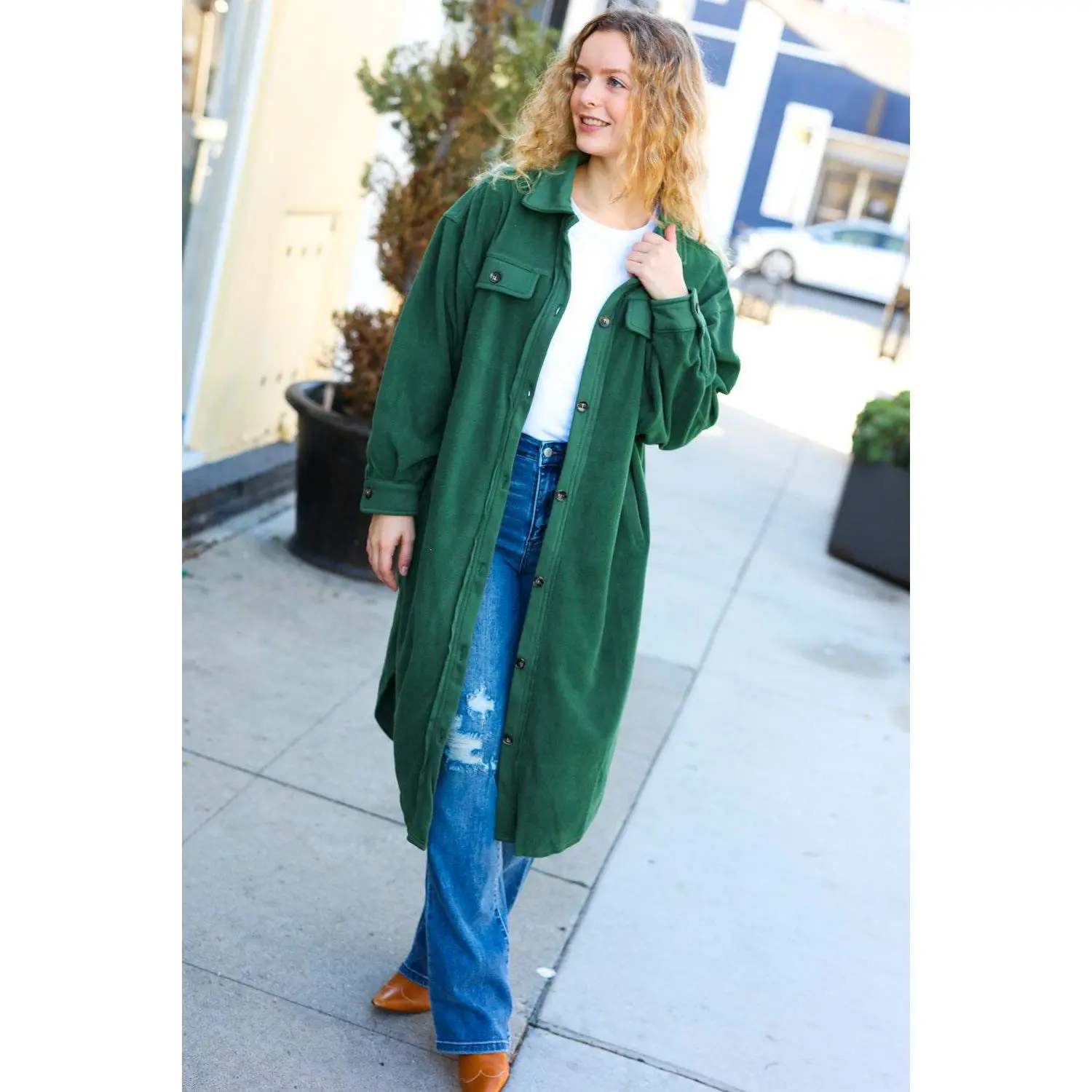 On Your Terms Forest Green Fleece Button Down Duster Jacket