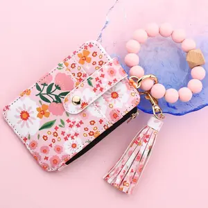 Boho Style Daisy Flower Pattern Phone Wallet, Zipper Wallet Design, Fashionable Silicone Beaded Wristlet Phone Wallet with Tassel Decor
