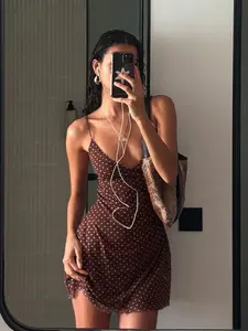 American Vintage V Neck Polka Dot Mesh Halter Sleeveless Brown Short Dress, Sexy Backless Waist Cinching A-Line Mini Skirt, Summer Versatile Fashion Womenswear