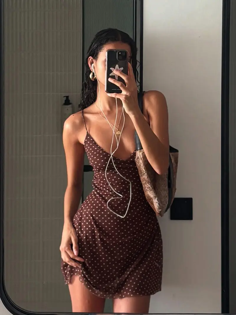 Motel rocks mini brown polka dot dress - TikTok Shop