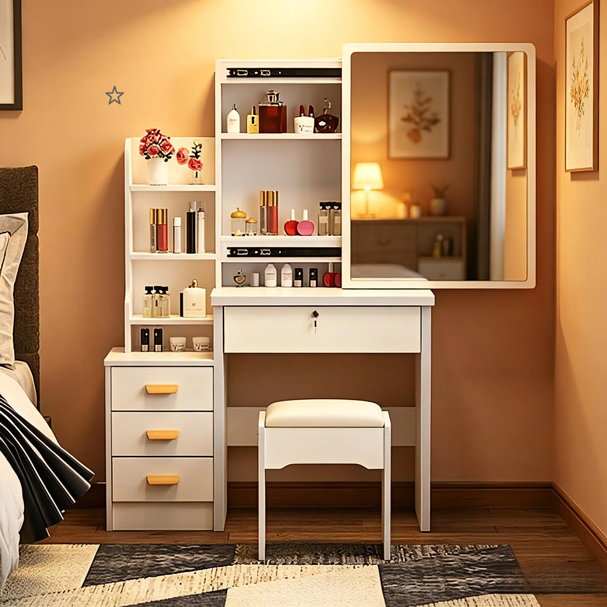 Classic White Stylish Makeup Vanity Desk Set with Retro Glass LED Mirror, MDF Wood Frame, Chair, 3 Adjustable Color Brightness, 4 Multi-Drawers for Storage & Organization, Assembly Required - Ideal for Christmas, Anniversaries, Vanity Organization, Mother
