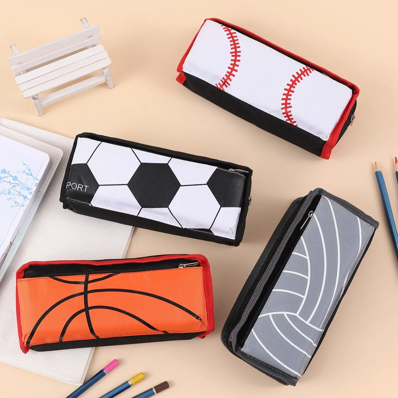 Only Sell 1pc Basketball Football Volleyball Baseball Print Pencil Case, Small Capacity Dual Layer Stationery Organizer, Office Supplies