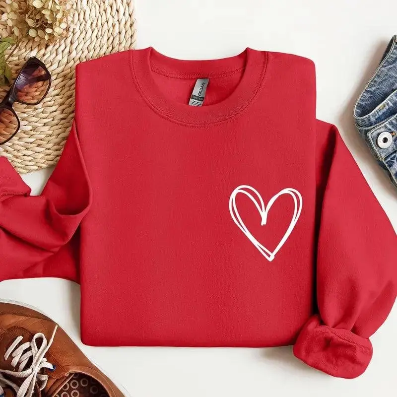 Double Heart Pocket Print Sweatshirt & Tshirt for Women Valentine's Day Crew Neck 100% Cotton Love Heart Cupid Design