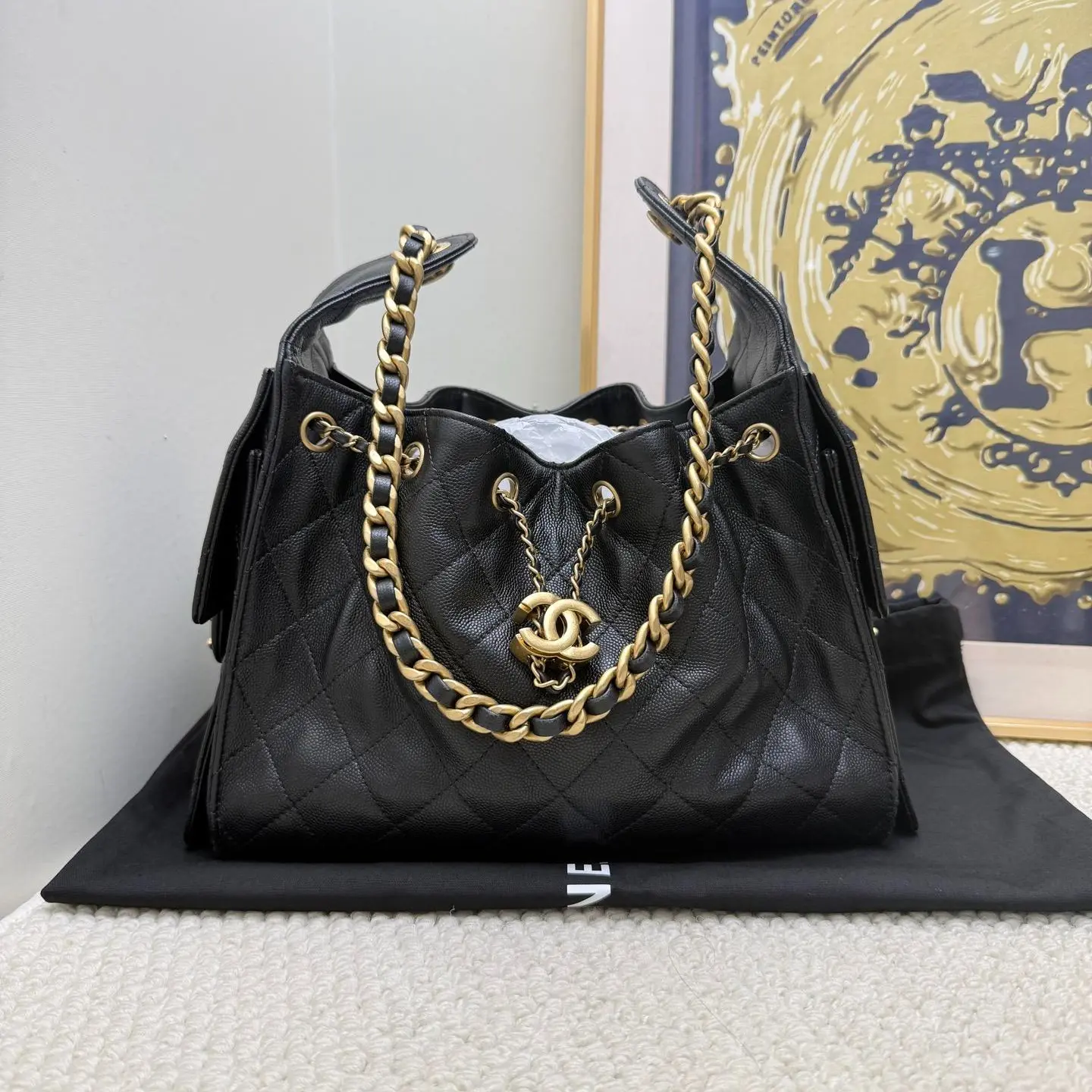 Pre-owned CHANEL france Tote bags Black Caviar Leather Gold‑Hardware Large Bucket Tote Bag（SZBZ ）