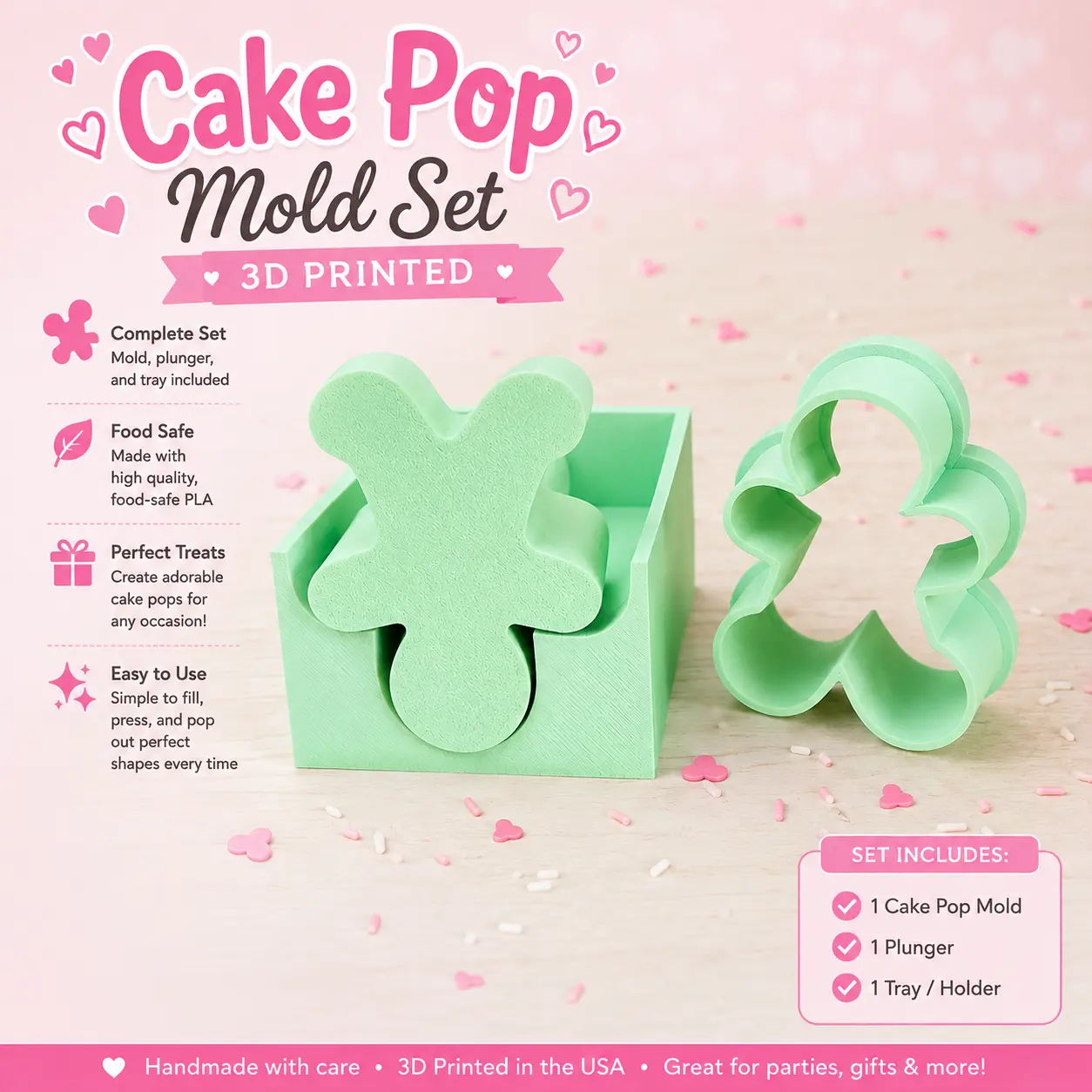 3D Printed Cake Pop Mold Set - Complete with Mold Plunger & Tray - Food Safe PLA Material - Perfect for Parties & Gifts - Handmade in USA