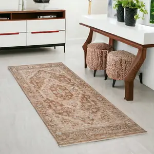 360 stand Traditional Powerloomed Polyester Fiber 3x6 ft. Sand & Brown Floral Medallion Runner Area Rug with Fringe, High Traffic, Stain Proof
