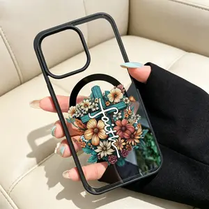 Vintage Floral Cross Pattern Magnetic Smartphone Case, Durable Shockproof Non-Slip Protector Accessories with Wireless Charging Support, Transparent Silicone-Acrylic Casing for iPhone 17,16,15,14 Pro Max,13,12,11,X,XS Plus
