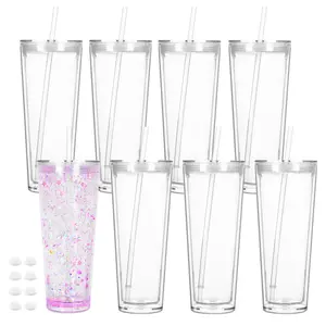 8 Pack 24oz Acrylic Snow Globe Tumbler, Double Wall Plastic Cup with Lid & Straw, Perfect for DIY Snow Globe Gifts