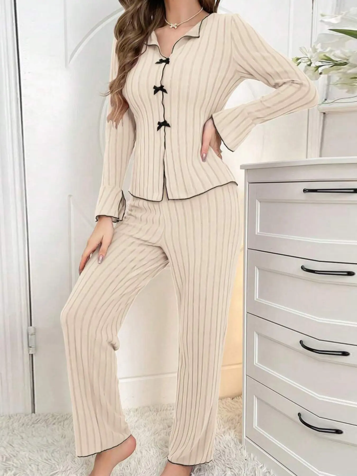 Women's Casual Everyday Fitted Knit Top and Straight Leg Pants Set, Comfortable Sleepwear Pajama Loungewear Two-Piece, All-Season Evening Dress Suit, Outfit