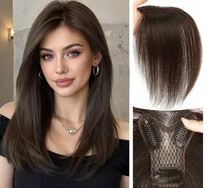 Real Hair Top Piece Bangs Clip-in Extension Natural Straight Lace Front Wig with Baby Hair Lightweight Breathable Daily Wear Human Hair Toppers for Bald Spots Breathable Silk Hair Topper for Thinning Hair wide parting