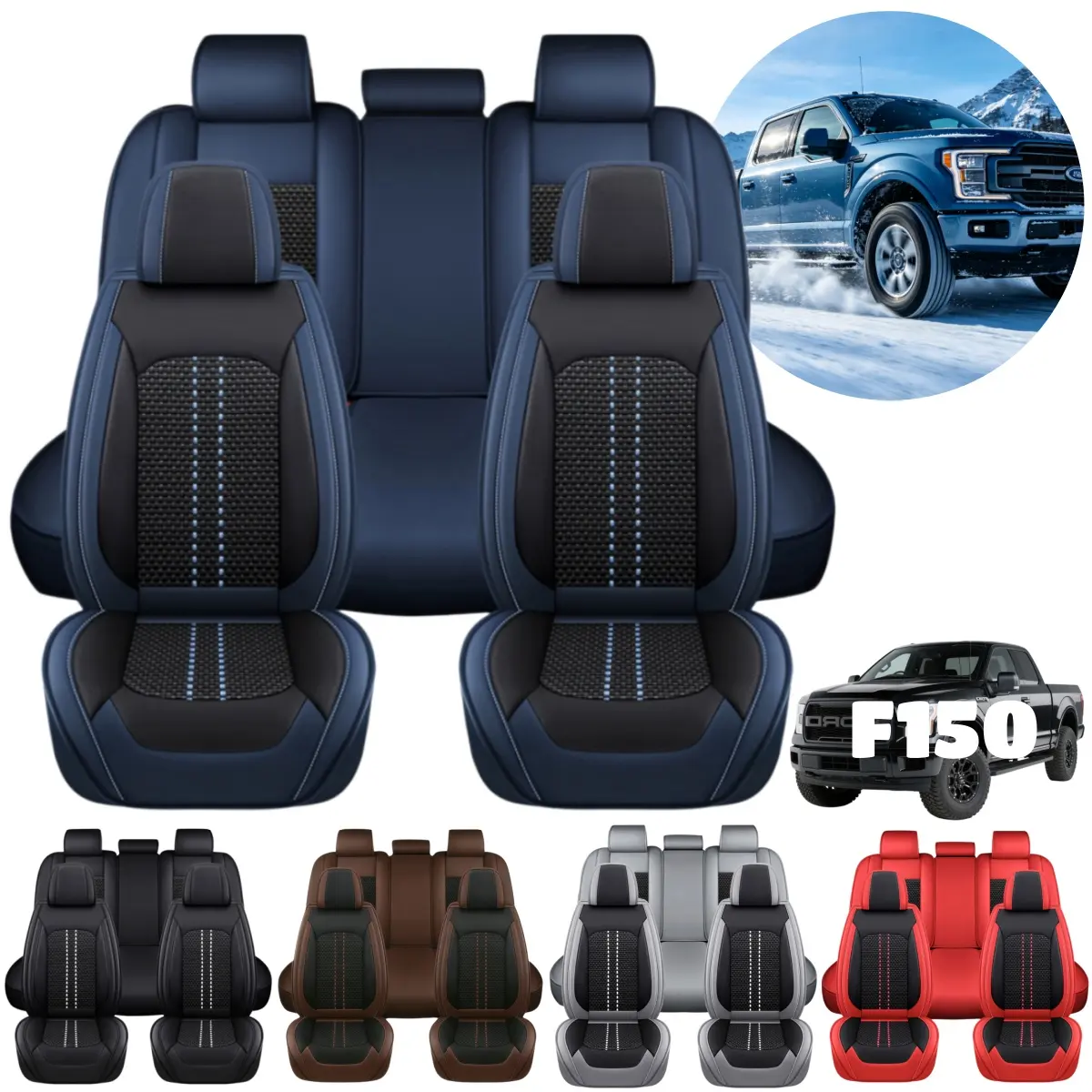 For Ford F150 F250 F350 F450 Pickup Truck SUV Car Napa Leather & Ice Silk 5 Seat Covers Cushions Front Rear Seats Full Set Cool Protector Breathable Protectors Pad Mat Summer Cooling