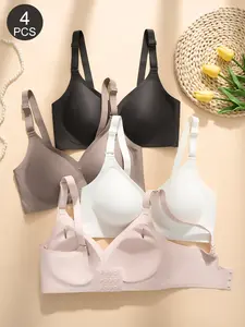 4-Pack Casual Comfortable Breathable Everyday Jelly Bra, Wireless Medium Support, Wide Straps, Lined, Fitted, All Seasons Women's Underwear, Breathable Comfy Bra