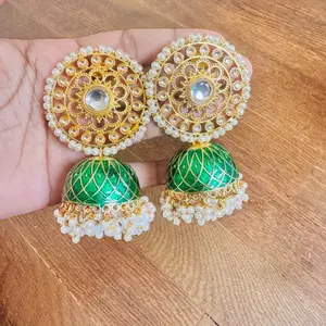 Elegant Kundan Jhumka Earrings - Handmade Green & Gold Drop Earrings for Women's Jewelry Collections - Perfect Bridal & Birthday Gift