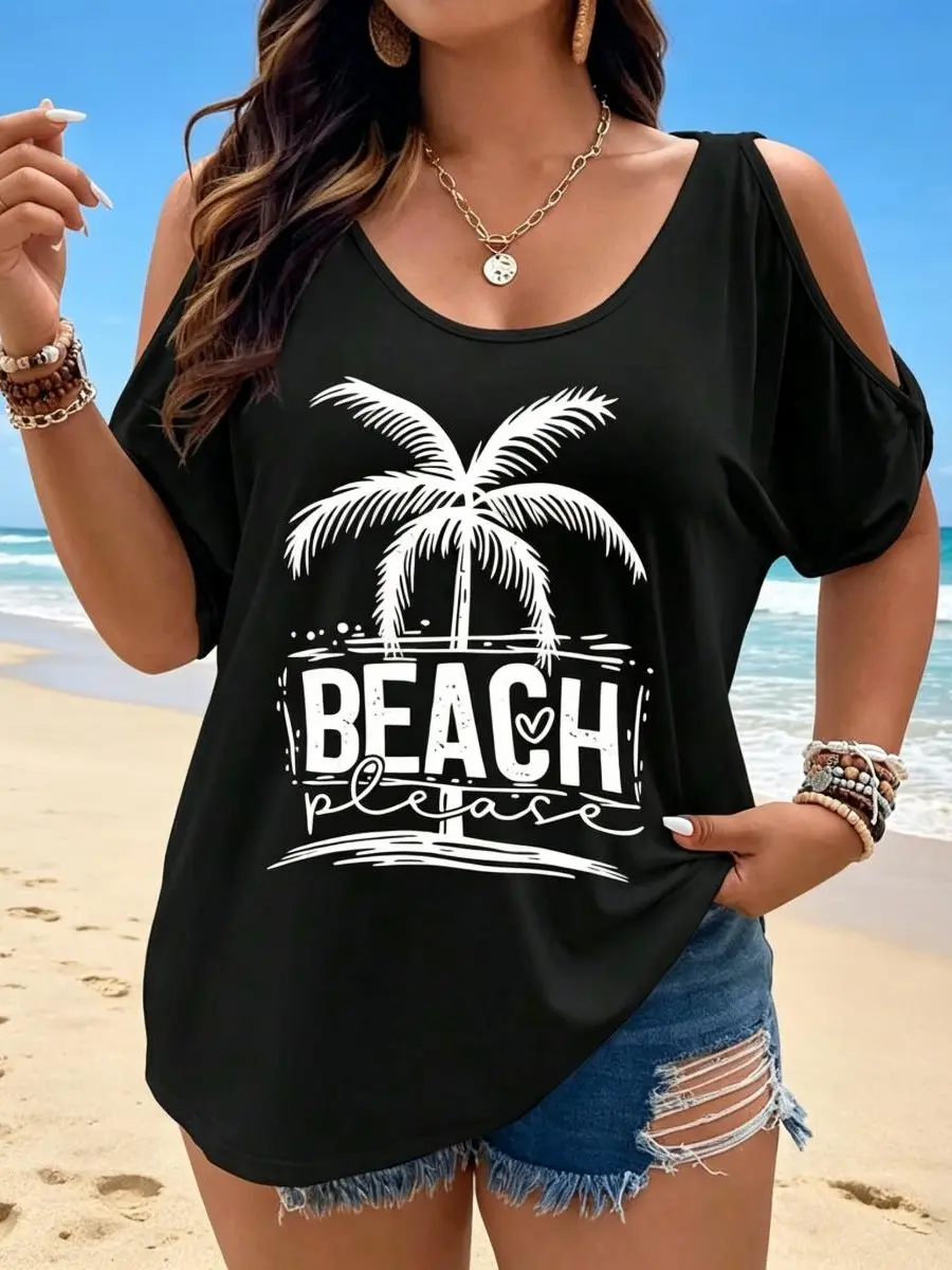 Women's Casual Polyester Cold-Shoulder T-Shirt - Beach Please Palm Tree & Ocean Waves Design, Comfortable Sleeveless Summer Plus-Size Top