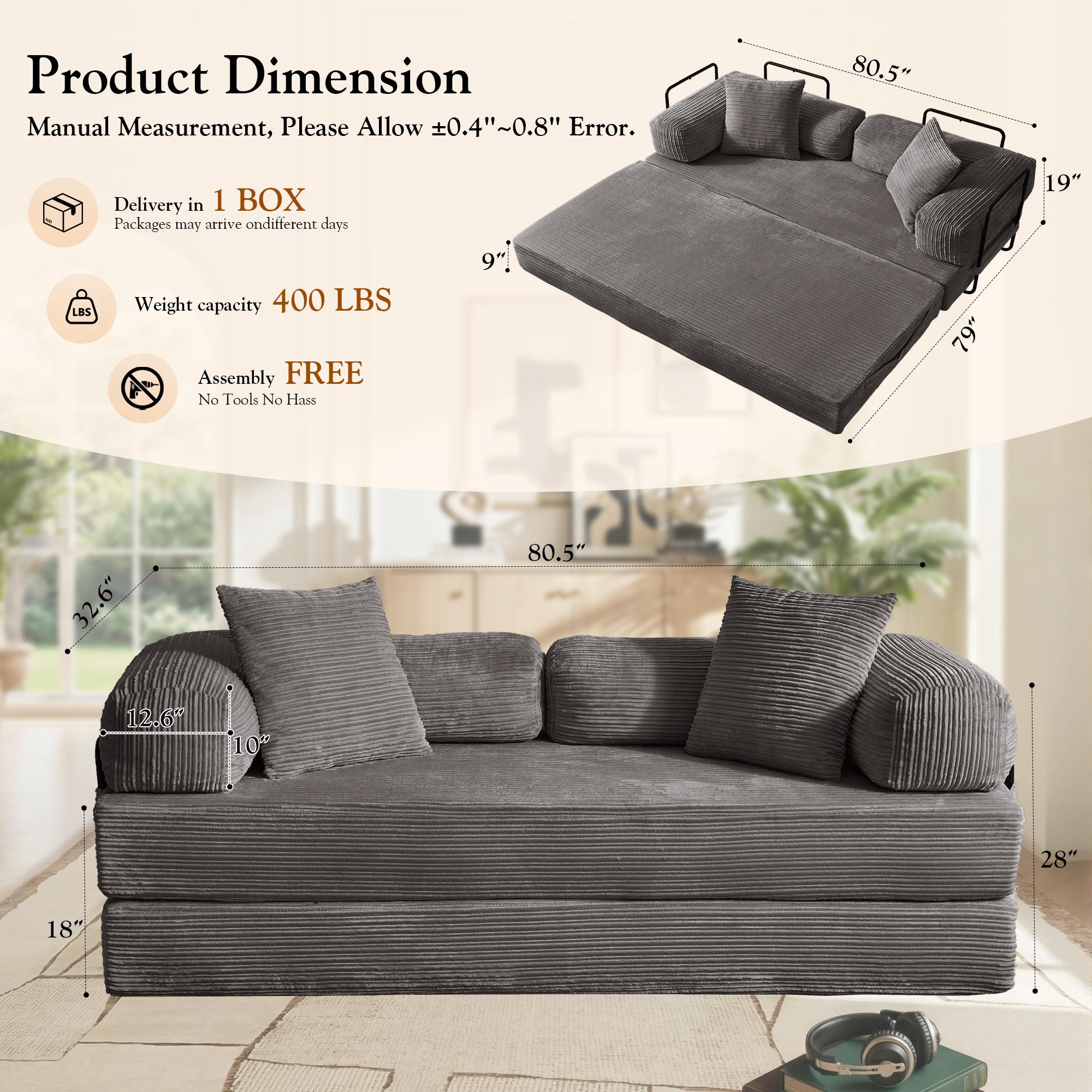 [Huge Bonus Gift] OOSWIFT 5-in-1 Folding Cloud Sofa Bed 81" – Ultra-Soft Corduroy, Thick Sponge Cushion, Convertible Floor Couch & Mattress, Small Space Essential, Holiday Must-Have