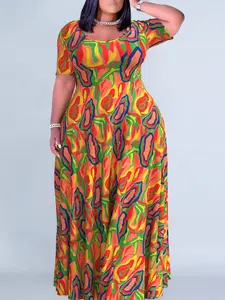 Plus Size All Over Print Scoop Neck Vintage Tee Dress, Boho Short Sleeve Long Dress, Women Plus Size Clothing for Summer Holiday Vacation Daily Wear, Dresses for Women, Summer Dresses 2024, Casual Dresses, Boho Slight Stretch