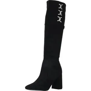 01102022 Black Looped Rhinestone Knee High Boot