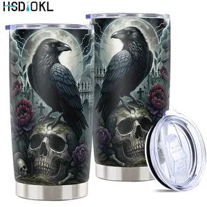 Halloween Gifts 20oz Insulated Travel Drinkware Stainless Steel Tumbler with Skull Crow Design - Keeps Drinks Hot/Cold, Fits Car Cup Holders - Halloween Gifts for Skull Crow Lovers (Friends, Family, Girlfriend, Brother)