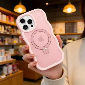 Magnetic iPhone Case MagSafe Compatible Wavy Frame with Kickstand Matte Hard Back Silicone Bumper Shockproof Protective Cover for Women Girls