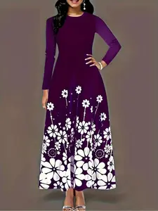 Elegant Women's Long Sleeve Knit Printed Dress, Spring & Fall Fashion, Casual A-Line Midi Dress, Floral Pattern, Plant, Perfect for Daily Wear, Everyday