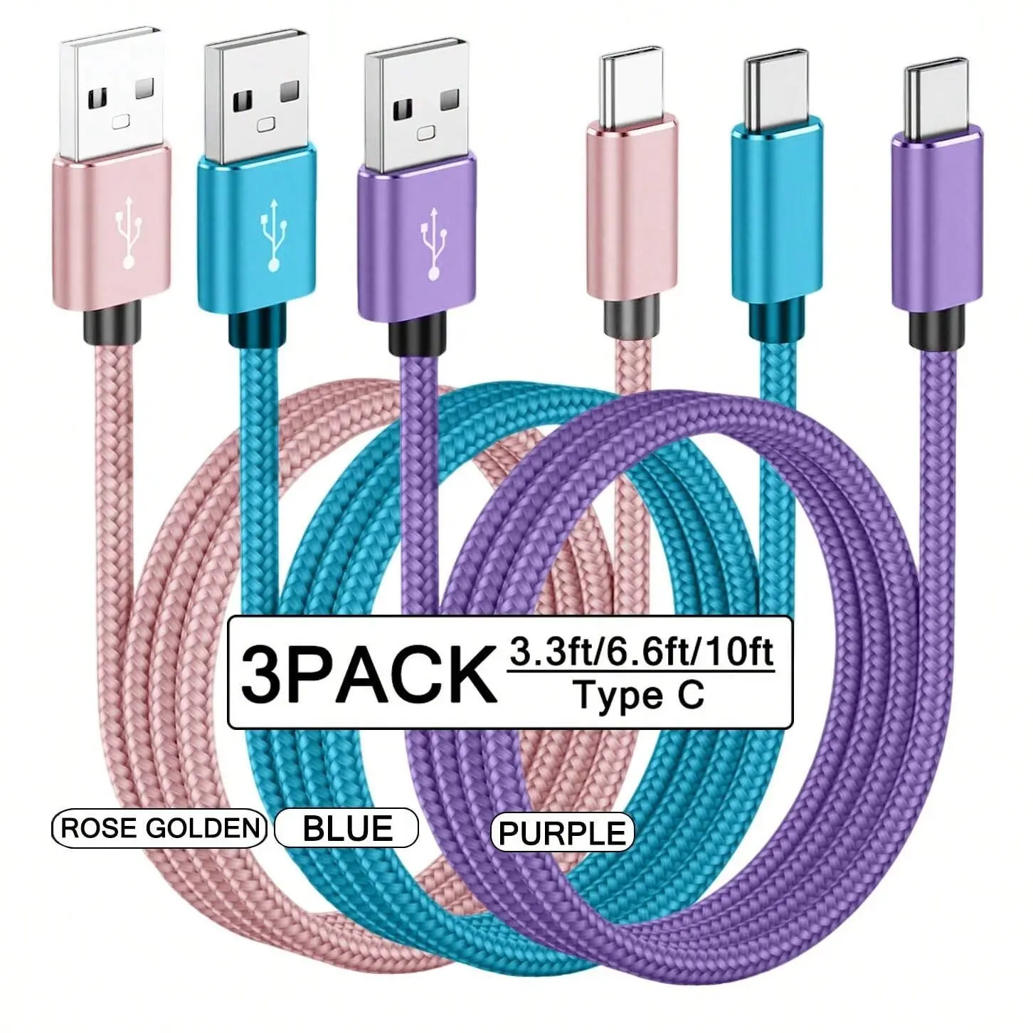 USB-C Fast Charging Cable 3-Pack (3.3/6.6/10 ft), Braided Charger Cord, USB A to C Braided Charging and Data Sync Cable, Compatible with Samsung Galaxy A14 5G/A13/A54/A53/S23/S22 Ultra/S21/S20, Google Pixel 7 Pro/6 and Other Android Phones