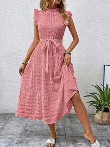 Fashion Ruffle Flutter Sleeve Tie Texture Dress, Stylish Women's Clothing, Trendy Evening Gown, Perfect for Special Occasions