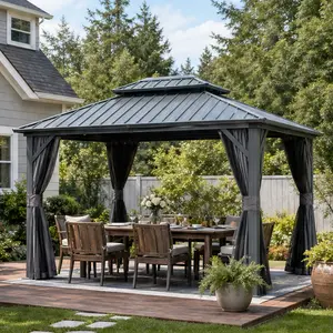 ARCH 10x12 FT Hardtop Gazebo with Double Roof, Aluminum & Galvanized Steel, Curtains and Netting Included, Permanent Outdoor Pavilion for Patio, Backyard, Deck, Lawn, Gray, Gray Color Options, Aluminum Material, Product Weight: 279.32 lb