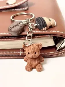 Cute Teddy Bear Coffee Keychain, Coffee Bean Pendant with Metal Ring, Perfect Gift for Women and Coffee Lovers, Durable Boho Style Keychain