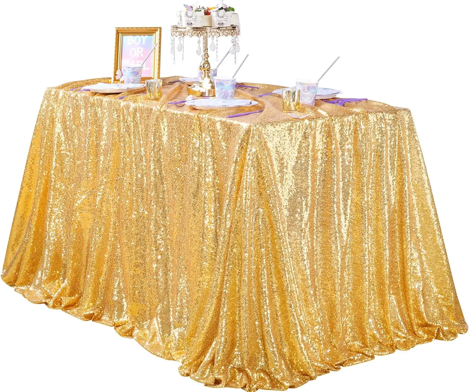 Gold Sequin Polyester Tablecloth - 50x50in Mesh Festival Table Cover, Round/Rectangle Overlay for Wedding, Birthday Party Decor, Cake Table Supplies, Festival Table Covers