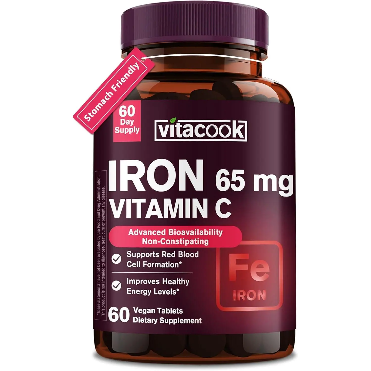 Iron Supplement 65mg with Vitamin C 250mg for Red Blood Cell Formation and Energy Support, High Potency Gentle Iron Pills for Immune Health and Iron Deficiency Support, Vegan Non GMO Gluten Free Iron Tablets for Women and Men