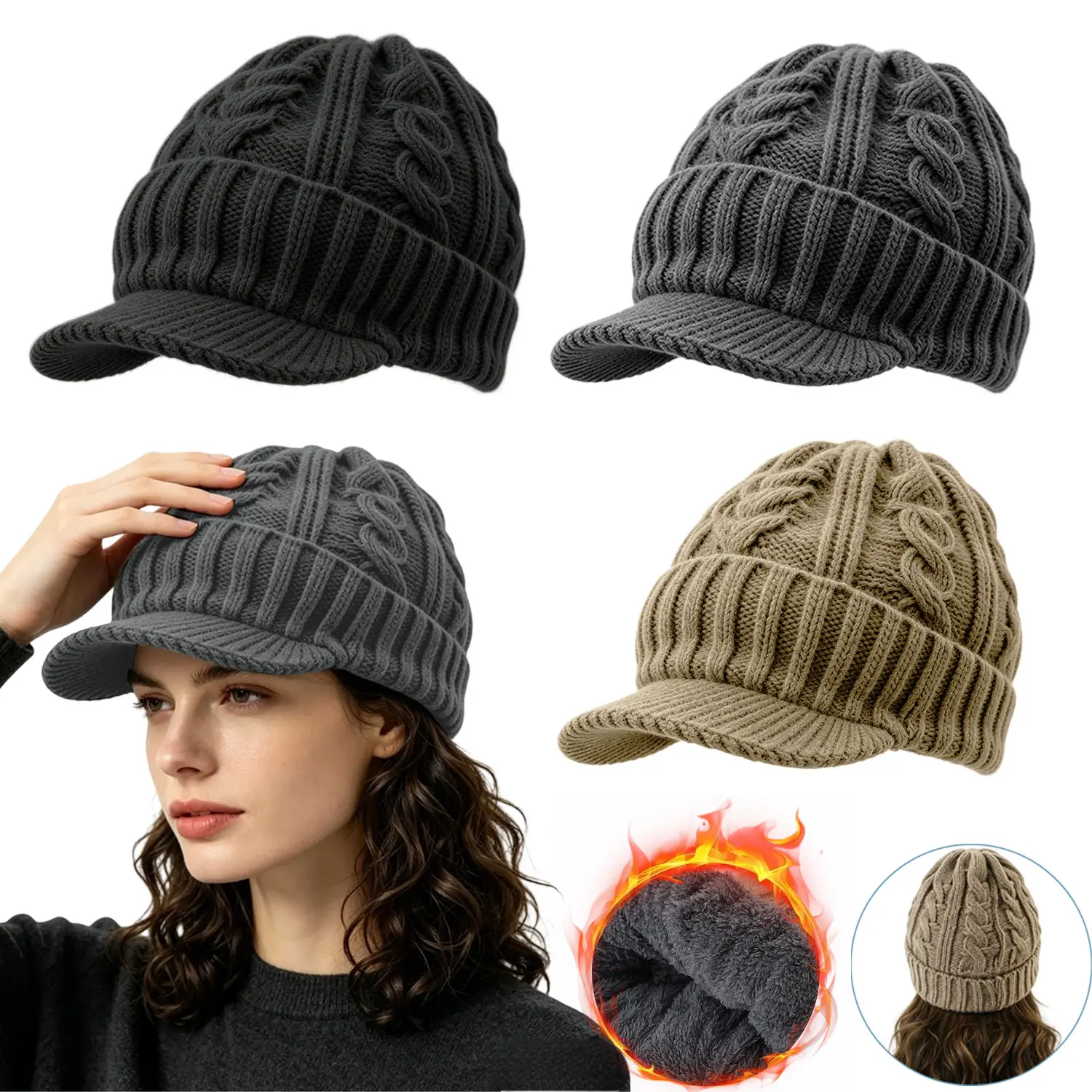 Fleece Lined Beanie Knitted hat for Womens,Cozy Fleece Lining Brim Design Windproof and Warm for Outdoor Cycling,  Skiing and Cold Weather Commutes