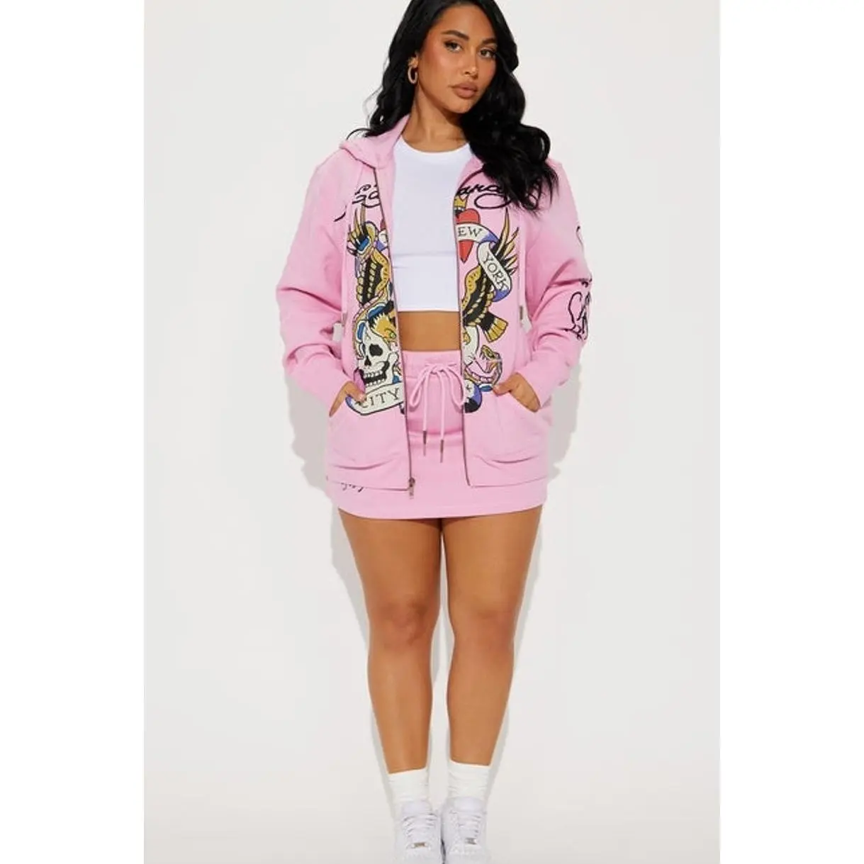 Ed Hardy ピンク タンクトップ スカル Ed Hardy Flower Skull Pink Crop Zip Hoodie | Zumiez