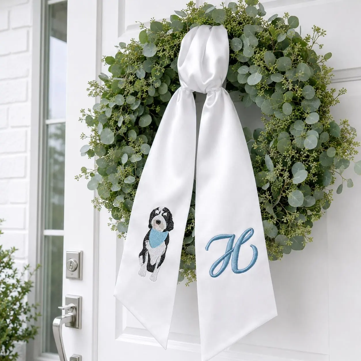 Custom Embroidered Pet Portrait Wreath Sash - Personalized Monogram Satin Ribbon Bow for Front Door - Wedding Wreath Sash For Pet Lover