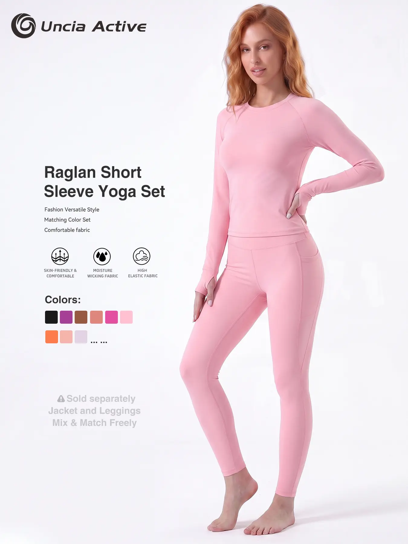 Uncia Active Women Raglan Long Sleeve Yoga Top with Thumb Holes & Side Pocket High Waist Leggings Set, Soft Skin-Friendly Stretch Tummy Control Workout Outfit, Moisture Wicking 2 Piece Athletic Matching Suit for Gym Pilates Daily Casual Wear