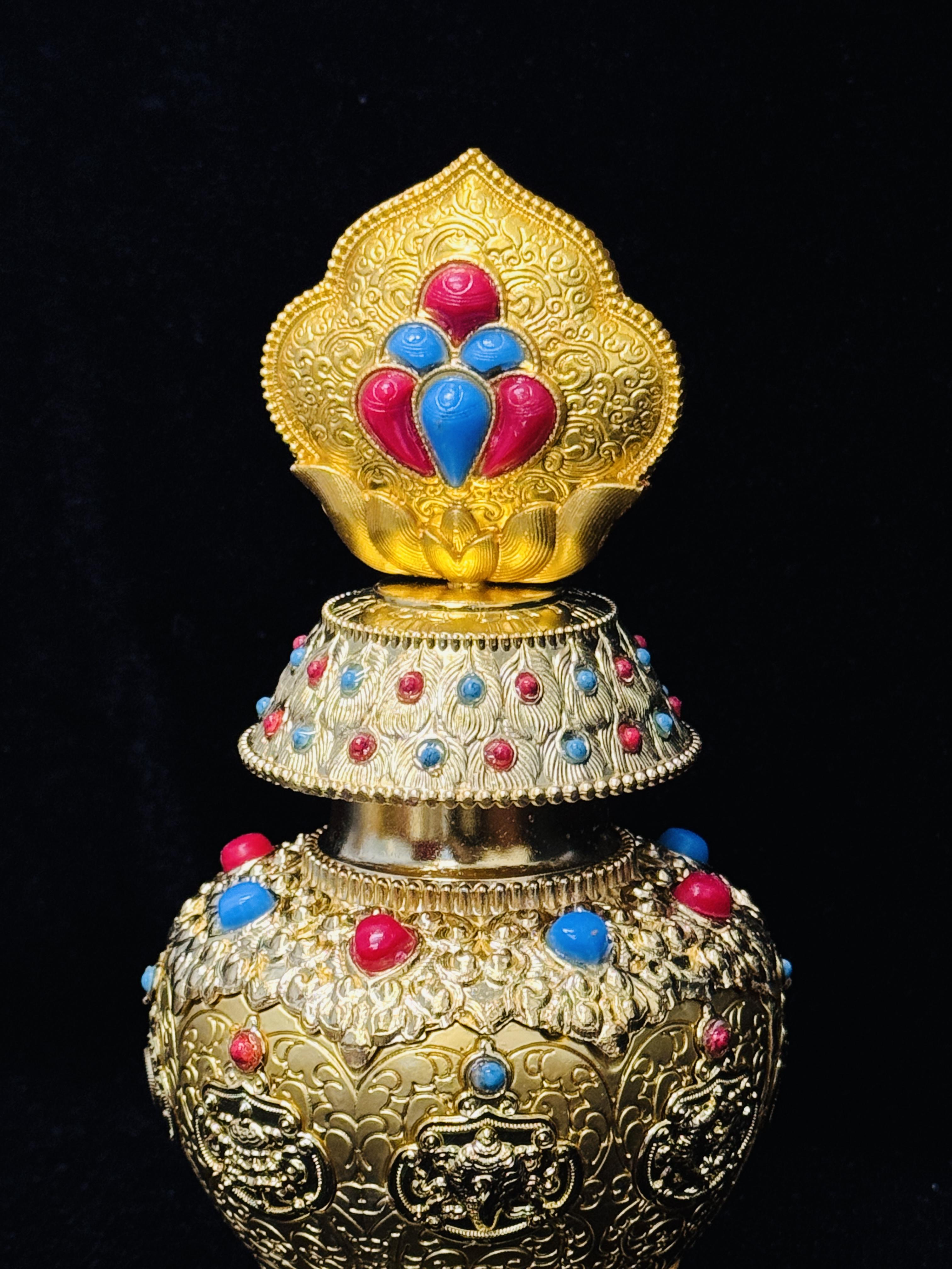 Handmade Tibetan Style Gold-Plated Treasure Vase, Ornate Inlaid Gemstone Buddhist Vase, Lucky Prosperity Home Decor