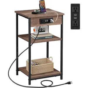 Side Table with  Station and USB Ports, Small End Tables for Small Spaces, 3-Tier Nightstand with Adjustable Shelf, Bedside Tables, Living Room, Bedroom, Brown