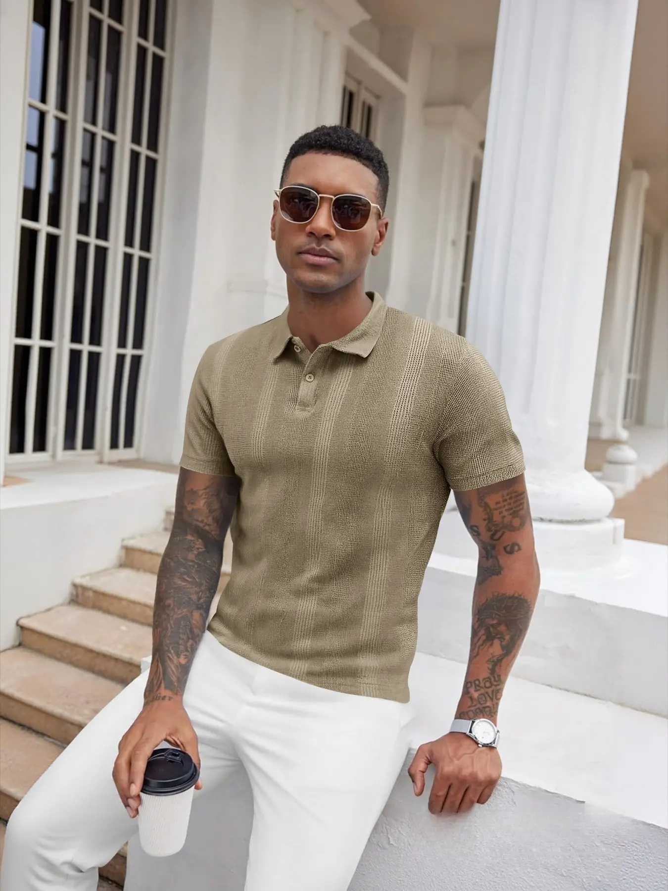 Men's Summer Collared Solid Color Button Texture Polo Short Sleeve Casual Business Classic Style Menswear tshirt, Lightweight Breathable giftsforhim, Casual Polo Shirts