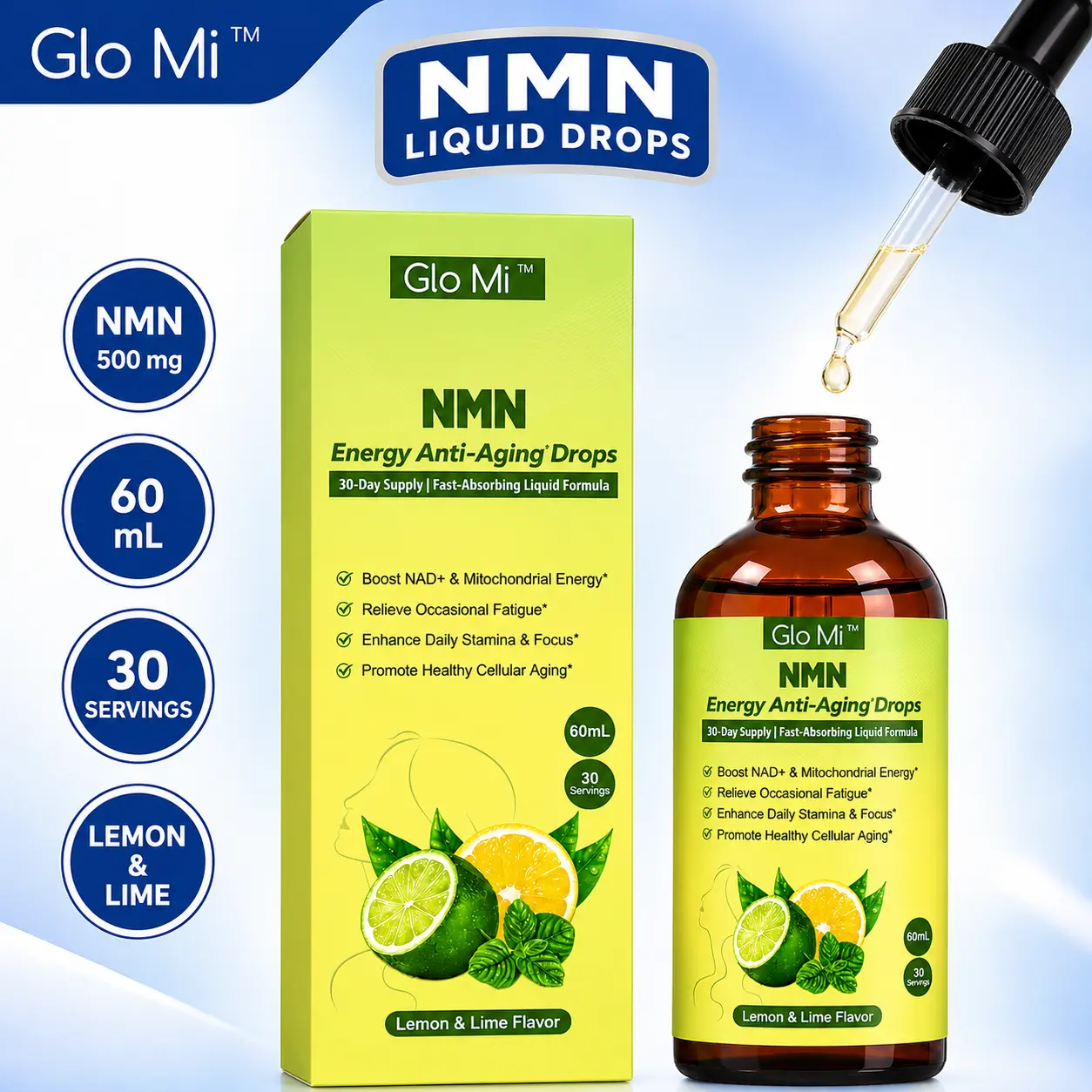 NMN Liquid Drops for Men & Women NAD+ Supplement – 500 mg NMN with AKG, TMG, Trans-Resveratrol, CoQ10 & PQQ – Lemon & Lime Flavor, 60 mL, 30 Servings – Daily Cellular Energy & Wellness Support