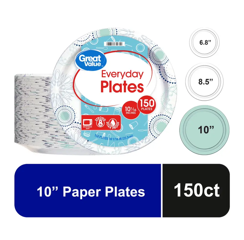 Great Value Disposable Paper Plates, 10", 150 Count