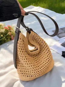 Fashionable artistic style retro personalized woven tote bag, large capacity simple texture practical shoulder bag, adjustable shoulder strap design, suitable for beach vacation, shopping, and gatherings, Textured Shoulder Bag, Crossbody Crochet Bags