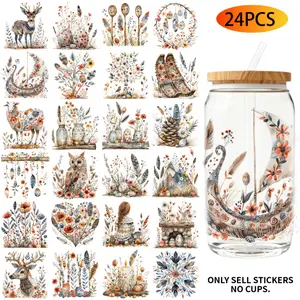 24PCS/Set Folk Art Easter Themed UV DTF 16OZ DIY Transfer Paper Set Used For 16oz Water Bottles Glass Bottles Laptops Home Decoration DIY High Viscosity Transfer Paper Easy To Peel off High-Definition Printing Crafts Great Gifts Excluding Water Cup