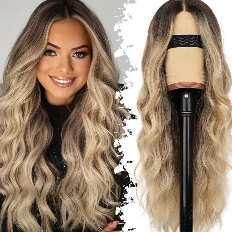 Ombre Blonde Wig for Women Long Wavy 4x1 Lace Natural Hairline Glueless for Beginners Middle Part Synthetic for Daily Party Use 26Inch