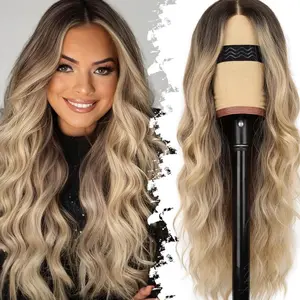 Ombre Blonde Wig for Women Long Wavy 4x1 Lace Natural Hairline Glueless for Beginners Middle Part Synthetic for Daily Party Use 26Inch
