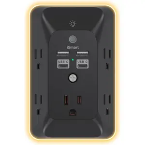Black Multi Plug Outlet,  Outlet Extender with 4 USB Ports (2 USB C) and Night Light, 1050J Surge Protector, Wall Mount, Outlet Splitter for Bathroom Kicthen Camper Dorm Room Essentials