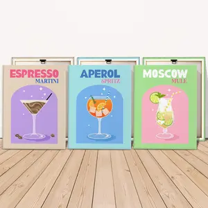 Drink Pattern Wooden Framed Canvas Painting, 3 Counts Modern Art Drink Poster, Wall Art Decor for Home Living Room Bedroom Office